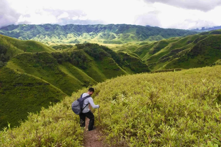 A boy walking on a trail in Dzukou Valley