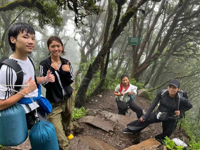 Group of Friends posing in the misty forest of Dzukou Valley