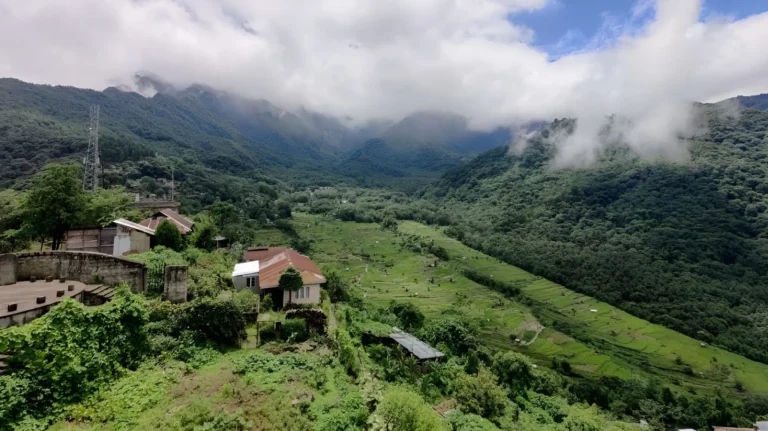 Lush green valley and mist-covered hills in Khonoma village