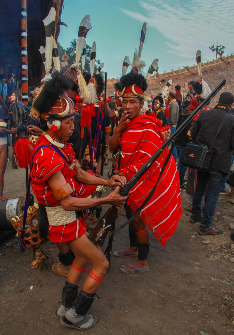 Men in traditional Naga attire at the Hornbill Festival